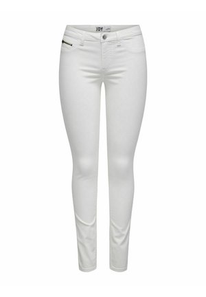 Bílé úzké džíny z hladkého, pružného materiálu. Obsahují zipovou kapsu na levé straně, pět kapes a středně vysoký pas.