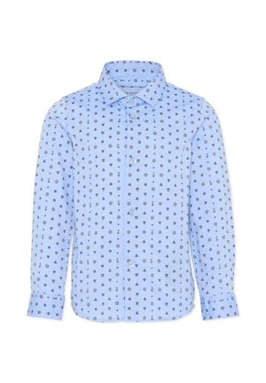 Lichtblauw long-sleeve shirt met een patroon van kleine zwarte vormen, knoopsluiting aan de voorkant en klassieke kraag. Gemaakt van ademende stof.