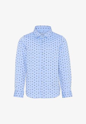 Jasnoniebieska koszula z długim rękawem z wzorem małych czarnych kształtów, zapinana na guziki, z klasycznym kołnierzykiem. Wykonana z przewiewnego materiału.