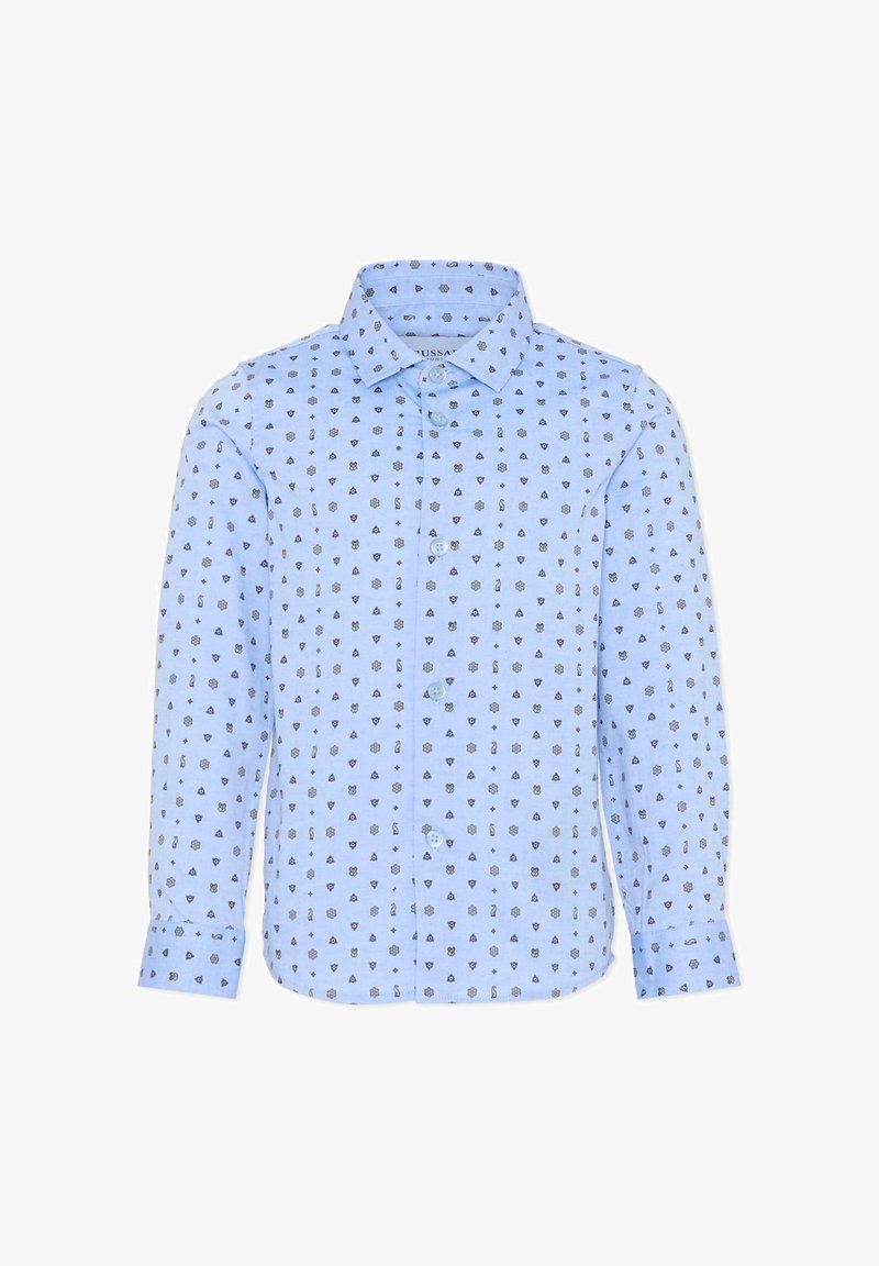 Chemise à manches longues bleu clair avec un motif de petites formes noires, fermeture par boutons à l'avant et col classique. Fabriquée en tissu respirant.