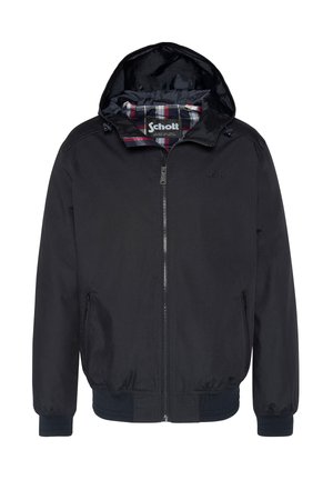 Schwarze Kapuzenjacke mit Reißverschluss, mit kariertem Futter, elastischen Bündchen und Saum, zwei seitlichen Reißverschlusstaschen und eingeprägtem Markenlogo auf der Brust.