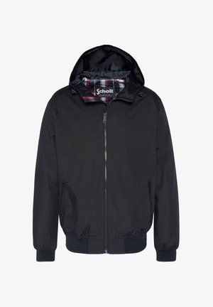 Schwarze Kapuzenjacke mit Reißverschluss, mit kariertem Futter, elastischen Bündchen und Saum, zwei seitlichen Reißverschlusstaschen und eingeprägtem Markenlogo auf der Brust.