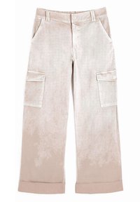 Béžové cargo kalhoty s vintage vzhledem, dvěma postranními kapsami, manžetami a jemnou, texturovanou tkaninou. Obsahují zip a knoflíkový zapínání.
