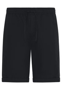 Black shorts with an elastic waistband and adjustable drawstring. Cuffed hem and lightweight fabric, designed for comfort and ease of movement.