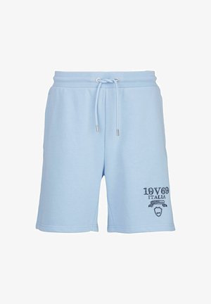 Hellblaue Baumwollshorts mit elastischem Bund, Kordelzugverschluss und Seitentaschen. Mit aufgedrucktem Text und Emblem auf der Vorderseite.