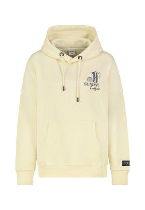 Licht beige hoodie met voorzak, trekkoorden en tekst "Sunday Coffee" met koffiepot en kop afbeelding op de linkerborst.
