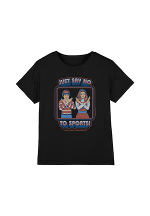 Black t-shirt with graphic of boy and girl crossing arms in an X, surrounded by text saying "Just say no to sports!" and "Anti-Sports Awareness."