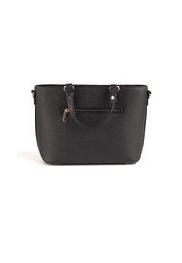 Borsa tote sintetica nera con forma strutturata, manici doppi, tasca esterna con zip e dettagli in metallo dorato. Superficie texturizzata.