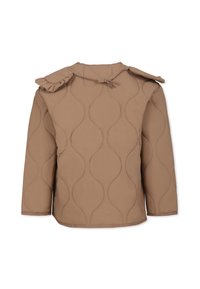 Quiltad brun ytterkläder med scallop-mönstrad halsringning och knytdetalj. Har en texturerad vågmönstrad design och långa ärmar.