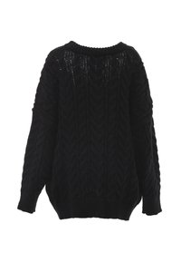 Pulover negru tricotat cu un model de tricotaj tip cablu, manșete și tiv late cu nervuri, și guler rotund. Spatele este texturat cu puncte deschise.