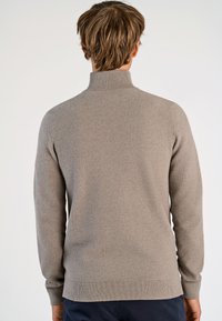 Hellgrauer Strickpullover mit hohem Kragen, strukturiertem Muster und gerippten Bündchen sowie Saum. Rückansicht, taillierte Silhouette.