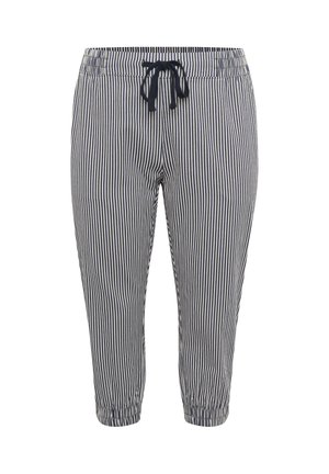 Námornícke modré a biele vertikálne pruhované skrátené nohavice s elastickým pásom a čiernou šnúrkou na zaviazanie.