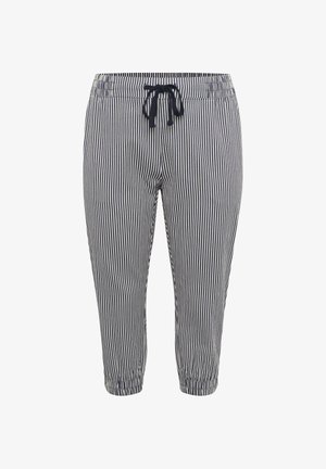 Pantalones recortados de rayas verticales en azul marino y blanco con cintura elástica y cordón negro ajustable.