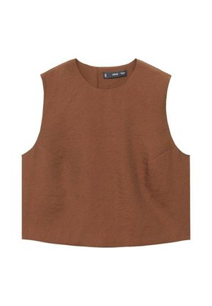 Top sans manches marron à encolure ronde, présentant un tissu texturé et deux poches latérales. Coupe droite au niveau de l'ourlet.