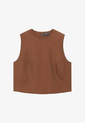 Top sans manches marron à encolure ronde, présentant un tissu texturé et deux poches latérales. Coupe droite au niveau de l'ourlet.