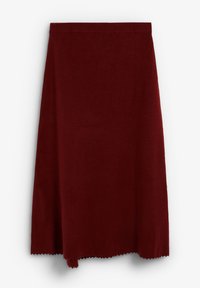 Falda línea A color burdeos, confeccionada en tela suave con cintura acanalada y dobladillo con borde ondulado. El diseño presenta una silueta simple y limpia.