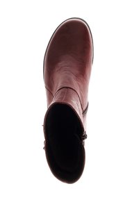 Bottine en cuir bordeaux avec une texture lisse, un bout arrondi et une fermeture éclair latérale. Intérieur doublé d'un matériau doux. Semelle noire.