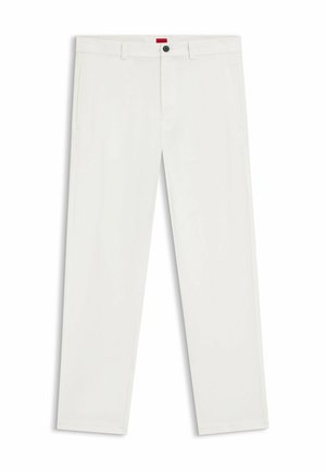 Bele hlače iz bombažne mešanice, s krojem s ravnimi hlačnicami, sprednjimi žepi in enim črnim gumbom na pasu.