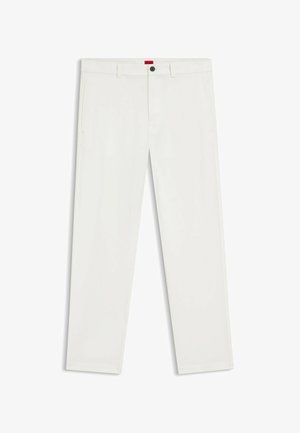 White trousers made of cotton blend fabric, featuring a straight-leg design, front pockets, and a single black button at the waistband.