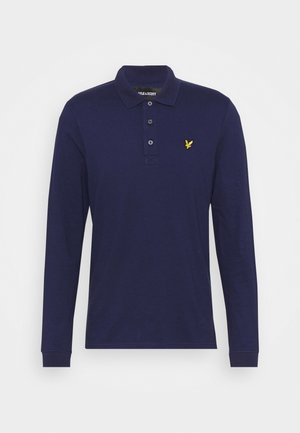Navy long-sleeve polo shirt made of cotton, featuring a two-button placket, ribbed cuffs, and a small yellow embroidered logo on the chest.