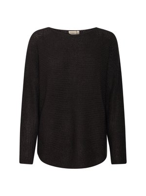 Mustaa pitkähihainen neule, joka on väljää mitoitusta, ribbitoitua pintaa ja leveä kaula-aukko. Valmistettu kevyestä neulemateriaalista, jossa on hieman kaareva helma.