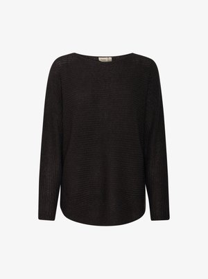 Schwarzer Pullover mit langen Ärmeln, lockerer Passform, geripptem Muster und weitem Ausschnitt. Hergestellt aus leichtem Strickmaterial mit leicht abgerundetem Saum.