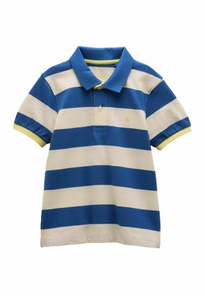 Short-sleeve polo shirt with blue and white horizontal stripes, yellow trim on sleeves, collar, and small yellow embroidery on chest.