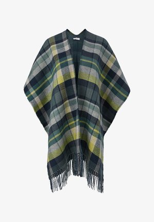 Geruite poncho in donkergroen, grijze en gele tinten. Gemaakt van geweven stof met franjes, met een ontspannen, open ontwerp.