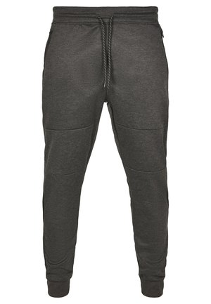Pantaloni jogger gri, confecționați dintr-un material moale, cu talie ajustabilă prin șnur, buzunare laterale și panele texturate la genunchi pentru un detaliu suplimentar.