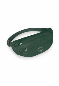 Osprey groene heuptas met twee ritscompartimenten, een gladde textuur, een verstelbare riem en logodetail aan de voorkant.