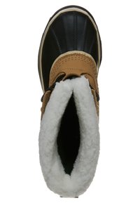 Braun und schwarze wasserdichte Stiefel mit einem strukturierten Lederoberteil, fuzzy weißem Futter und runder Zehenpartie. Verfügt über eine verstärkte Gummisohle.
