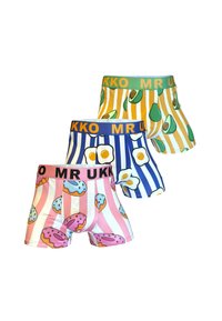 Tre par bomuldsboxershorts med elastiske linning. Designene har avokadoer, æg og donuts i livlige farver og striber.