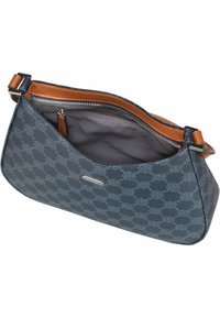 Navy patterned handbag with a smooth texture, leather accents, and a zipper opening. Interior is gray with a small side pocket.