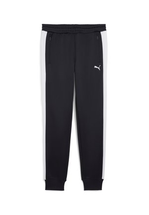 Zwarte sportbroek met witte zijkanten, ritszakken, elastische tailleband en manchetten bij de enkels. Bevat een logo op de linker bovenbeen.
