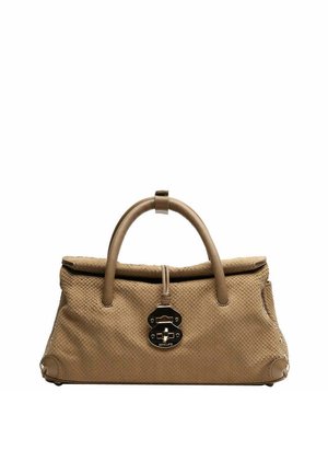 Borsa in pelle color cuoio con motivo strutturato, manici arrotondati e chiusura frontale con fermaglio color argento.