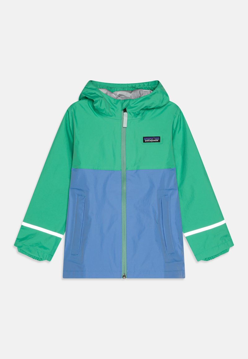 Colorful windbreaker with a hood. Green upper half, blue lower half, reflective stripes on sleeves, front zipper, and front pockets.