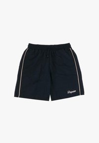 Shorts de bain bleu marine avec une taille élastique, cordon de serrage, deux poches latérales et un passepoil latéral rose pâle. Logo "Dropsize" sur l'ourlet.
