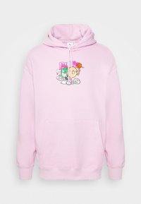 Rozā kokvilnas kapuce ar priekšējo kangaroo kabatu, regulējamu kapuci un krāsainu multfilmu grafiku ar jautriem dizainiem.