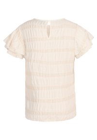 Blouse crème avec manches à volants doux et superposés, ouverture en goutte d'eau au dos. Présente un motif à rayures texturé et un tissu léger.