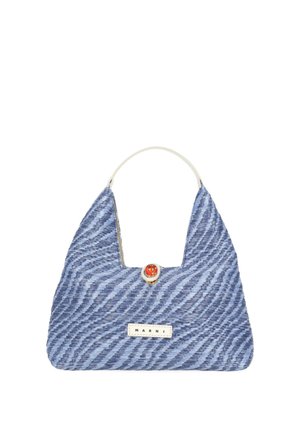 Borsa in tessuto blu con trama, manico corto bianco, chiusura rotonda arancione e etichetta bianca con scritto "MARNI" sul davanti.