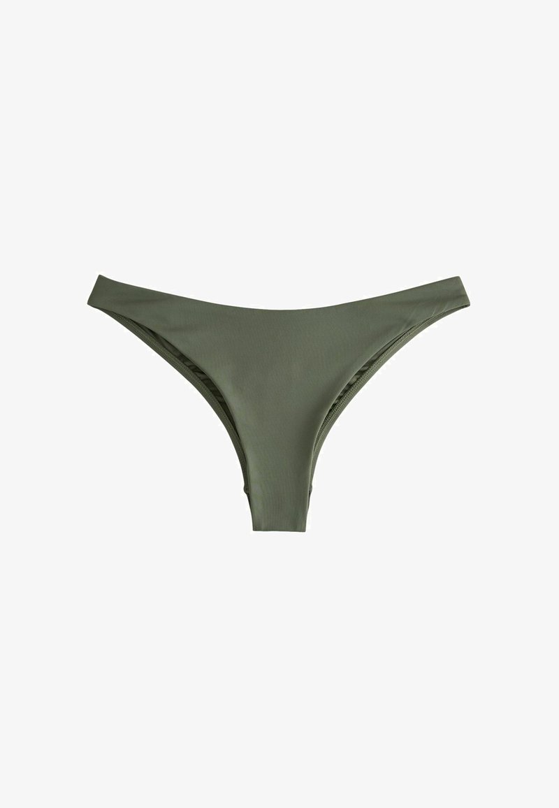 Olivgrüner Bikini-Slip mit niedrigem Bund und minimalistischem Design, flach auf weißem Hintergrund ausgelegt.