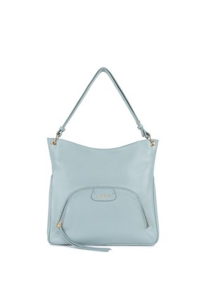 Borsa a tracolla in pelle blu chiaro con una texture liscia, manici doppi e una tasca frontale con zip, dotata di dettagli in oro e logo del marchio.