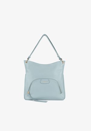 Borsa a tracolla in pelle blu chiaro con una texture liscia, manici doppi e una tasca frontale con zip, dotata di dettagli in oro e logo del marchio.