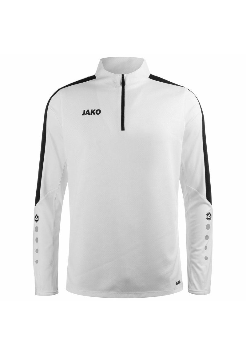 Langarm sporttop; wit met zwarte accenten en logo. Voorzien van een half-zip kraag en ronde details op de mouwen. Gemaakt van ademend materiaal.