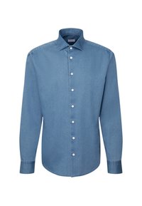 Lichtblauwe denim button-up shirt met lange mouwen, puntcollar en witte knopen. Heeft een gladde textuur en een gebogen zoom.