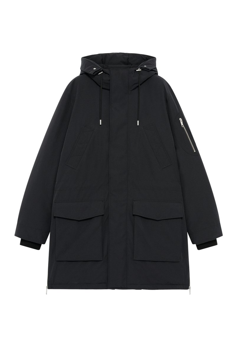 Black parka jacket with a hood, featuring two large front pockets, a zippered sleeve pocket, and ribbed cuffs. Smooth fabric texture.