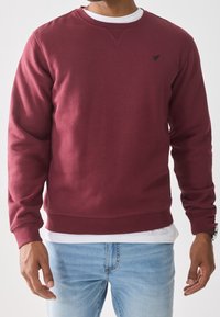 Sudadera burdeos con cuello redondo, puños y dobladillo acanalados. Presenta un pequeño logo negro en el pecho. Lleva puesta sobre una camisa blanca.
