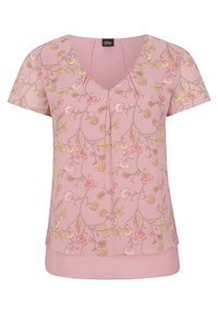 Blusa rosa a maniche corte con scollo a V, caratterizzata da motivi floreali gialli e rosa scuro, realizzata in un tessuto morbido e leggero.