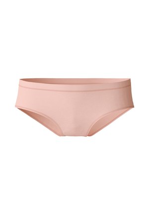 Sous-vêtements rose clair en tissu lisse, présentant une large ceinture et une coupe hipster. Le design est simple, sans motifs ni ornements.