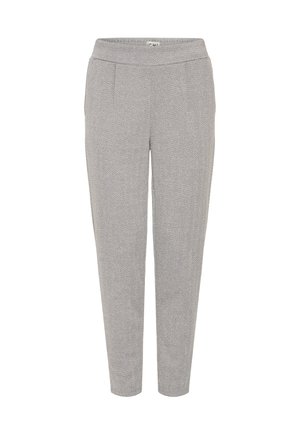 Sive herringbone vzorene tapered hlače z elastičnim pasom in stranskimi žepi, prikazane na beli podlagi.